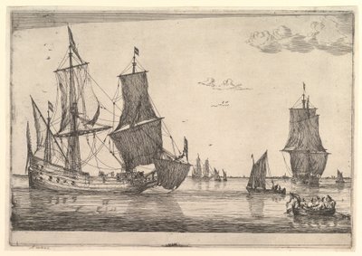 Duży żaglowiec i łódź wiosłowa, XVII wiek. autorstwa Reinier Zeeman