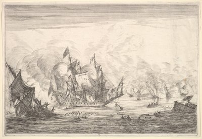 Bitwa morska z założycielem angielskiego okrętu po lewej stronie, z Naval Battles Nieuwe Sc..., 1652-54. autorstwa Reinier Zeeman