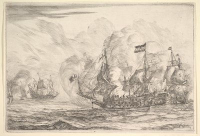 Spotkanie morskie z trzema okrętami po prawej stronie, z bitew morskich Nieuwe Scheeps Bat..., 1652-54. autorstwa Reinier Zeeman