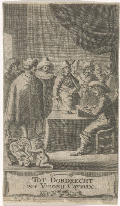 Kupiec przy biurku Strona tytułowa dla: J. van der Does e.a., Verscheyde voyagien, ofte reysen, 1652 autorstwa Reinier van Persijn