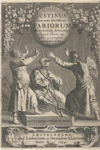 Minerva en twee geketende figuren Tytuł strony voor: A. Thysius, Justinus cum notis selectissimis variorum Berneggerj, Bongarsy, Vossy, Thysy, itd., 1659 autorstwa Reinier van Persijn