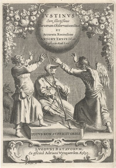 Minerva en twee geketende figuren Titelpagina voor: A. Thysius, Justinus z najczęściej wybieranymi różnymi obserwacjami i szczegółowym przeglądem, 1650 autorstwa Reinier van Persijn
