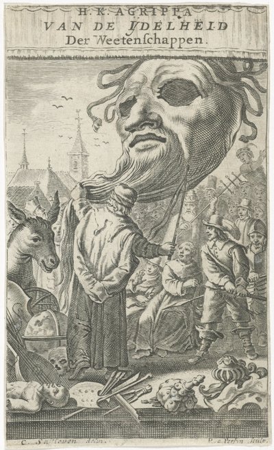 Kreskówka o sztuce Strona tytułowa dla: J. Oudaen, Agryppa, Z próżności nauk, 1661 autorstwa Reinier van Persijn