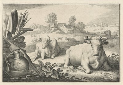 Pastwisko z dwiema leżącymi krowami Diversa Animalia Quadrupedia (tytuł serii) autorstwa Reinier van Persijn