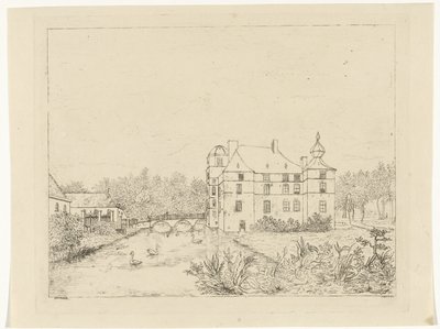 Widok z boku na zamek Cannenburch z domami przy moście wejściowym autorstwa Reinierus Albertus Ludovicus baron van Isendoorn à Blois