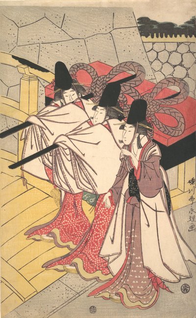 Książę Genji wraca do swojego pałacu, gdzie czeka na niego jego żona, ok. godz. 1797., ok. 1797. 1797. autorstwa Chōkyōsai Eiri
