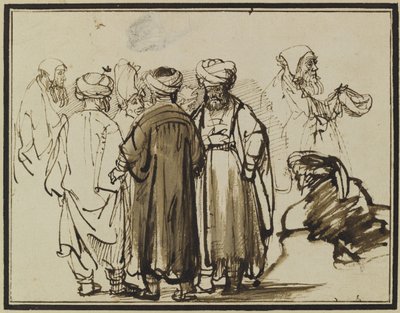 Mężczyźni w orientalnych strojach i dwa studia żebraka w półfigurze. autorstwa Rembrandt