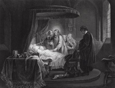 Wskrzeszenie córki Jaira, Marek, rozdz. V, w. 35, 42 (rycina) autorstwa Rembrandt Harmensz. van Rijn (after)