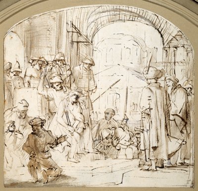 Chrystus wyśmiewany (pióro i atrament z praniem na papierze) autorstwa Rembrandt Harmensz. van Rijn (school of)