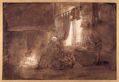 Święta Rodzina w Stolarni (pióro i tusz z wash na papierze) autorstwa Rembrandt Harmensz. van Rijn (school of)