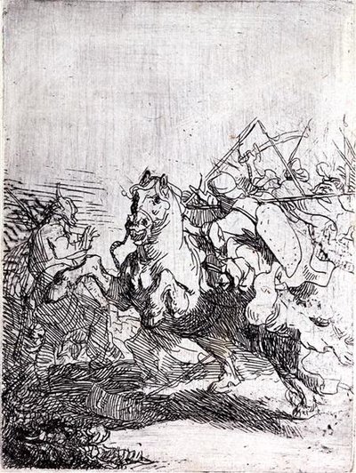 Walka kawalerii (pióro i atrament na papierze) autorstwa Rembrandt Harmensz. van Rijn