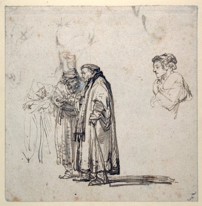 Grupa starszych uczonych i osobno profil młodszego mężczyzny (pióro i brązowy tusz z wash & gwasz na papierze) autorstwa Rembrandt Harmensz. van Rijn