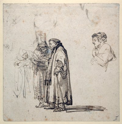 Grupa starszych uczonych i osobno profil młodszego mężczyzny (pióro i atrament na papierze) (recto z 2636120) autorstwa Rembrandt Harmensz. van Rijn