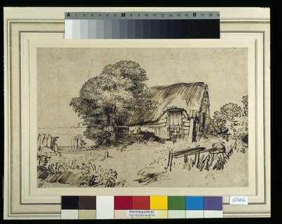 Domek kryty strzechą przy dużym drzewie, postać siedząca na zewnątrz, ok. 1648-52 (pióro i atrament na papierze) autorstwa Rembrandt Harmensz. van Rijn