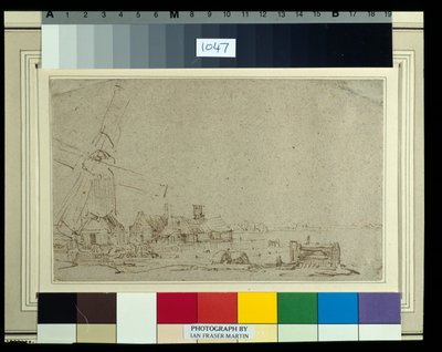 Wiatrak i zespół domów, ok. 1652-53 (pióro trzcinowe i atrament z wash na papierze) autorstwa Rembrandt Harmensz. van Rijn