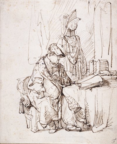 Aktor w swojej garderobie (długopis i brązowy tusz na białym papierze) autorstwa Rembrandt Harmensz. van Rijn