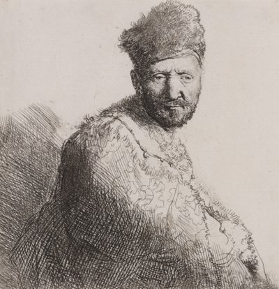 Brodaty mężczyzna w futrzanej orientalnej czapce i szacie autorstwa Rembrandt van Rijn