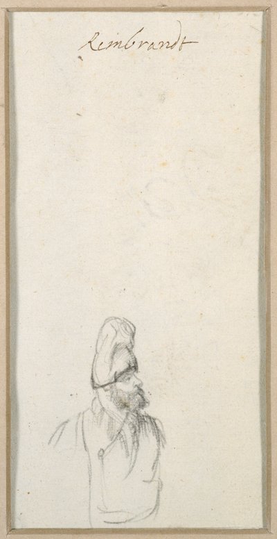 Brodaty mężczyzna z profilu, w wysokiej czapce, ok. 1640 (czarna kreda na papierze) autorstwa Rembrandt Harmensz. van Rijn
