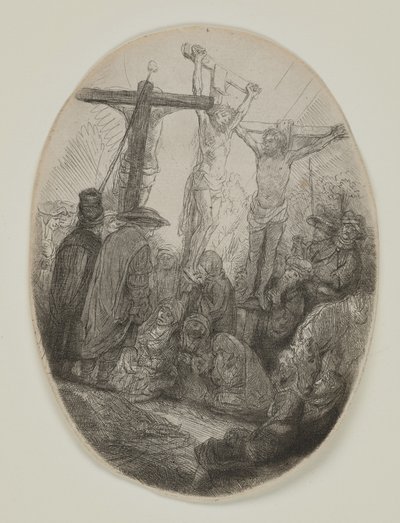 Chrystus ukrzyżowany między dwoma złodziejami: owalna płyta, ok. 1641 (akwaforta i sucha igła) autorstwa Rembrandt van Rijn