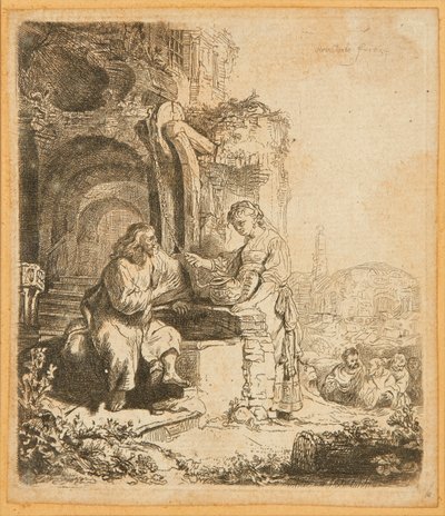 Chrystus i Kobieta z Samarii, wśród ruin (akwaforta) autorstwa Rembrandt Harmensz. van Rijn
