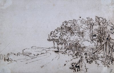 Zagajnik na czele Amsteldijk niedaleko Trompenburga, ok. 1649 (pióro i atrament na papierze) autorstwa Rembrandt Harmensz. van Rijn