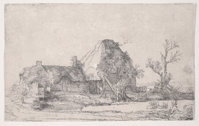 Chata i budynki gospodarcze z rysunkiem człowieka, ok. 1645 (akwaforta) autorstwa Rembrandt van Rijn