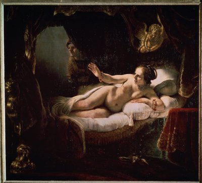 „Danae”. Mitologia grecka: Zeus przedstawia się Danae w postaci deszczu złotych monet, aby ją uwieść. Obraz Harmenszoon van Rijn znany jako Rembrandt (1606-1669) autorstwa Rembrandt Harmensz. van Rijn