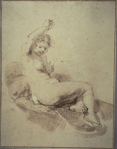 Akt kobiecy leżący z podniesioną ręką, ok. 1665 r. (pióro i brązowy tusz oraz pędzel i brązowe pranie, na jasnobrązowym papierze) autorstwa Rembrandt Harmensz. van Rijn