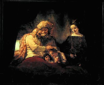 Jakub błogosławiący swoich wnuków Efraima i Menassesa w obecności ich rodziców Józefa i Anastha (obraz na płótnie) autorstwa Rembrandt Harmensz. van Rijn
