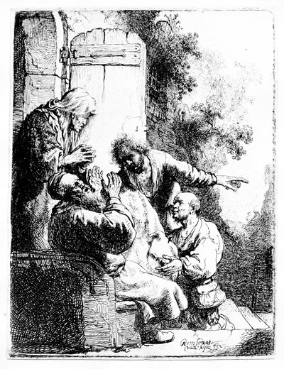 Płaszcz Józefa przyniesiony Jakubowi, ok. 1633 r. (akwaforta) autorstwa Rembrandt Harmensz. van Rijn