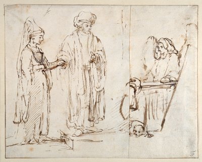 Laban przynosi Leę do Jakuba, z Jakubem pokrytym fragmentem innego rysunku; anioł z psem leżącym u jego stóp autorstwa Rembrandt Harmensz. van Rijn