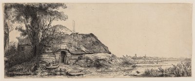 Krajobraz z chatą i dużym drzewem autorstwa Rembrandt Harmensz. van Rijn