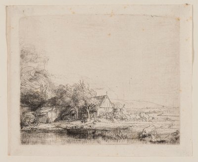 Krajobraz z pijącą krową, ok. 1650 r. (akwaforta i sucha igła na papierze z kości słoniowej) autorstwa Rembrandt Harmensz. van Rijn