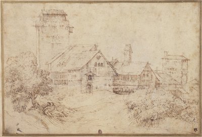 Krajobraz z budynkami i kochankami, obejmującymi, według Tycjana (pióro i brązowy atrament z czerwoną kredą na papierze) autorstwa Rembrandt Harmensz. van Rijn