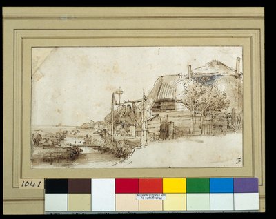 Krajobraz z budynkami gospodarczymi po prawej (pióro i atrament z praniem na papierze) autorstwa Rembrandt Harmensz. van Rijn
