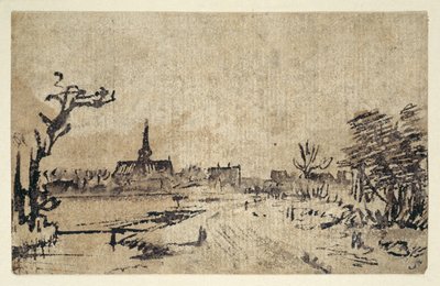 Krajobraz z wodą, w tle wioska Amstelveen, ok. 1654-55 (pióro i atrament z brązowym rozmyciem) autorstwa Rembrandt Harmensz. van Rijn