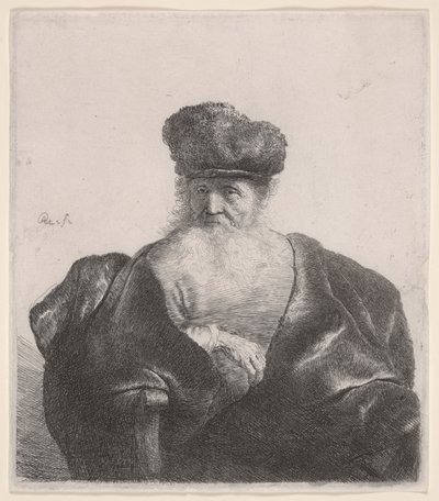 Stary człowiek z rozwianą brodą, futrzaną czapką i aksamitną peleryną, ok. 1632 (akwaforta) autorstwa Rembrandt van Rijn