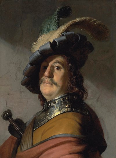 Portret mężczyzny z napierśnikiem i beretem z piórami - Obraz Rembrandta van Rijna (1606-1669) autorstwa Rembrandt Harmensz. van Rijn