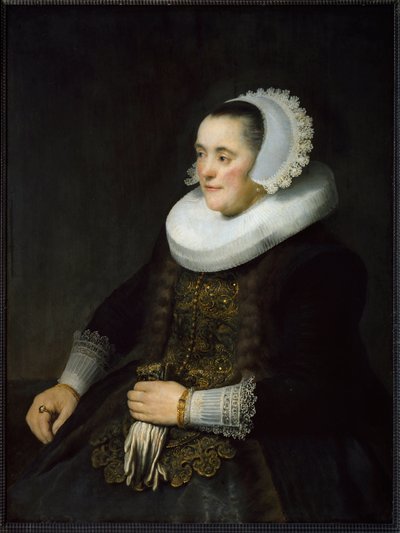 Portret holenderskiej burżuazyjnej kobiety w kryzie i nakryciu głowy. (Obraz autorstwa Rembrandt van Rijn