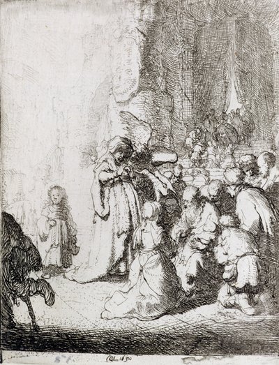 Prezentacja w świątyni (pióro i atrament na papierze) autorstwa Rembrandt van Rijn