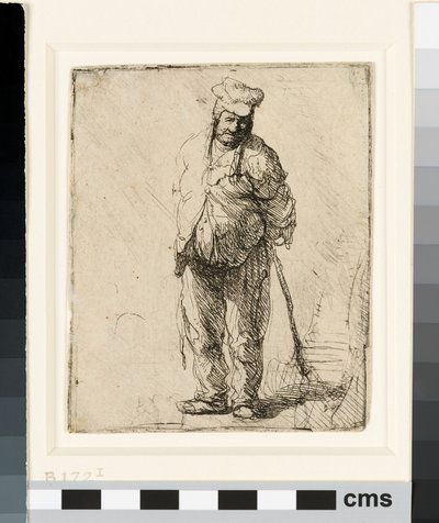 Obdarty chłop z rękami za sobą, trzymający kij, ok. 1630 (akwaforta) autorstwa Rembrandt van Rijn