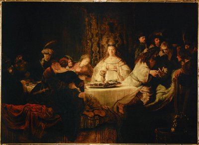 Samson zadający zagadkę podczas uczty weselnej (olej na płótnie) autorstwa Rembrandt Harmensz. van Rijn