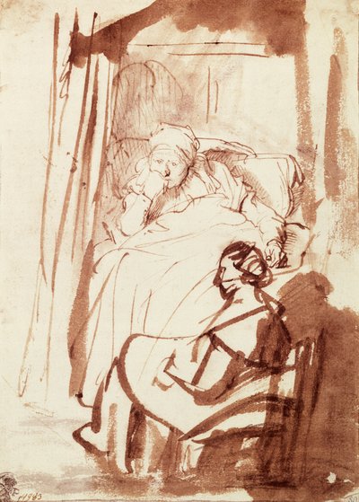 Saskia leżąca w łóżku, kobieta siedząca u jej stóp autorstwa Rembrandt Harmensz. van Rijn