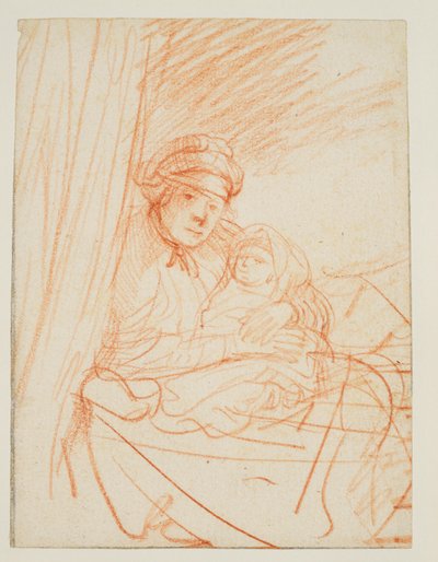 Saskia siedząca na łóżku, trzymająca dziecko, 1635 ok autorstwa Rembrandt van Rijn