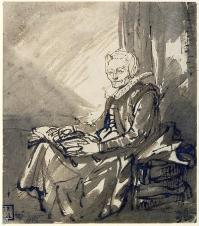 Siedząca kobieta z otwartą książką na kolanach, ok. 1639 (pióro, brązowy tusz i brązowy pył) autorstwa Rembrandt Harmensz. van Rijn