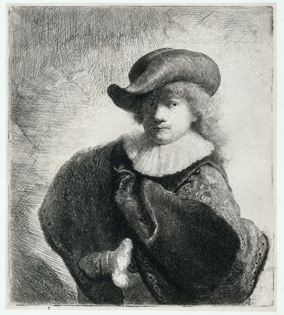 Autoportret w miękkim kapeluszu i wzorzystym płaszczu autorstwa Rembrandt Harmensz. van Rijn