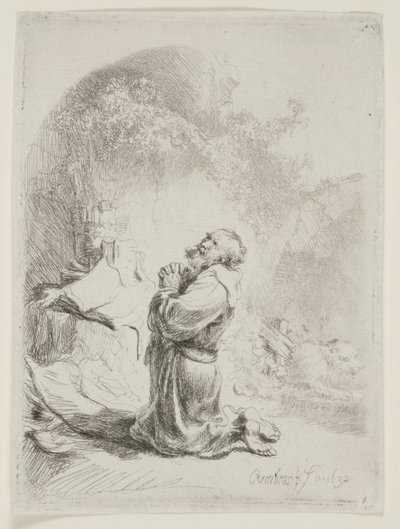 Modlitwa św. Hieronima: nadruk łukowy autorstwa Rembrandt van Rijn
