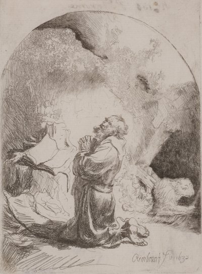 Modlitwa św. Hieronima: nadruk łukowy autorstwa Rembrandt van Rijn