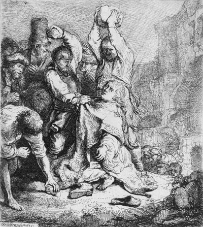 Ukamienowanie św. Szczepana (pióro i atrament na papierze) autorstwa Rembrandt van Rijn