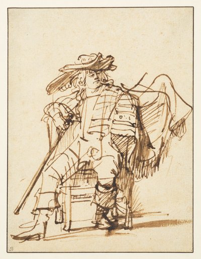 Studium siedzącego aktora w kapeluszu z pióropuszem - Capitano z Commedia dell"Arte, recto, 1636-c.1638 autorstwa Rembrandt van Rijn